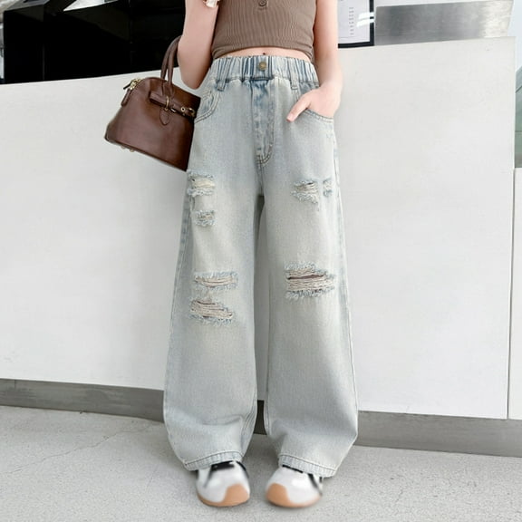 GYRATEDREAM Kids Girls Jeans Casual Denim Pants Elastic Waist Casual Baggy Wide Leg Jeans Micro Boot Pants 5-14 Years