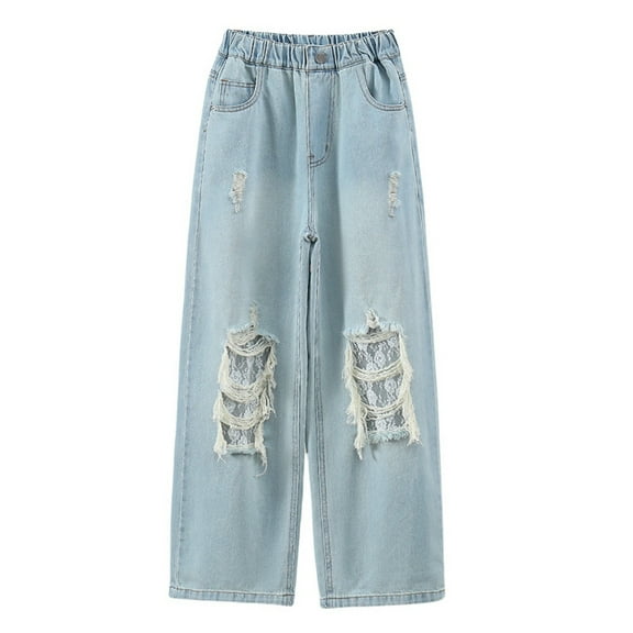 GYRATEDREAM Kids Girls Jeans Casual Denim Pants Elastic Waist Casual Baggy Wide Leg Jeans Micro Boot Pants 5-14 Years
