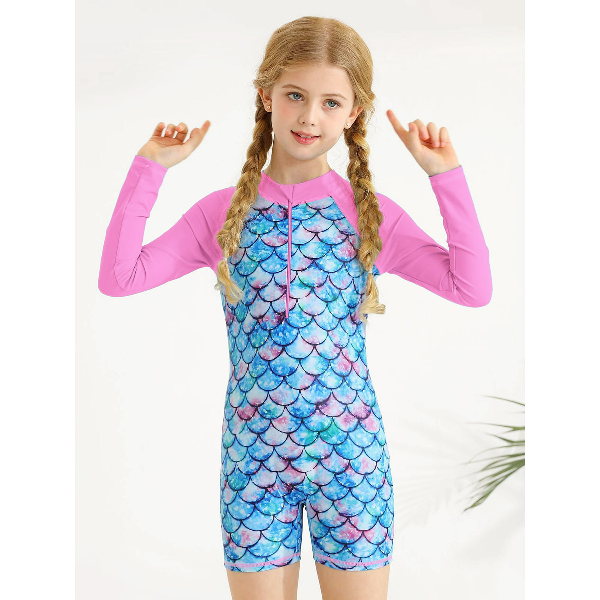GYRATEDREAM Kids Girls Mermaid One Piece Swimsuits Swimwear Long Sleeve Rash Guard Zipper Front Bathing Suit
