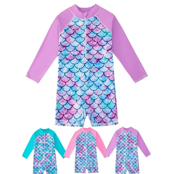 GYRATEDREAM Kids Girls Mermaid One Piece Swimsuits Swimwear Long Sleeve Rash Guard Zipper Front Bathing Suit