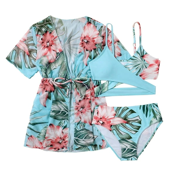 GYRATEDREAM Kids Girls Swimsuit 3 Piece Floral Print Bikini Set Criss Cross Bathing Suit with Drawstring Quick Dry Cover Up for 7-12Y