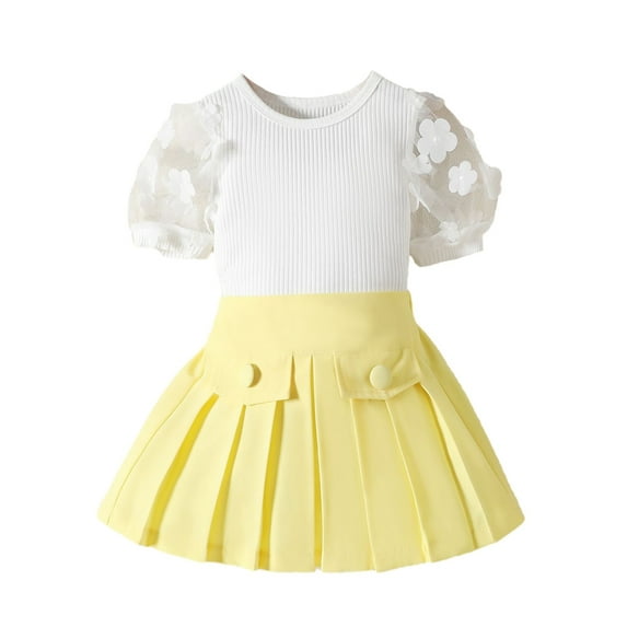 GYRATEDREAM Kids Toddler Girl Summer Outfit Puff Short Sleeve Cotton Ribbed Shirt Tops Pleated Skirt Set 2Pcs Clothes for 5 Years