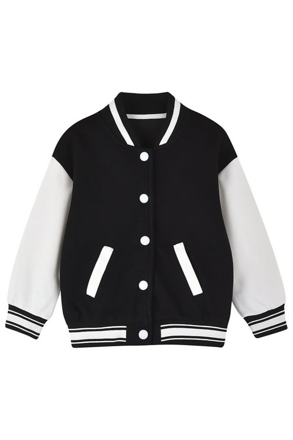 Kids Varsity Jacket Boys Girls Baseball Jacket Sports Outerwear Zipper Coat for School Uniform for 4-6Y Black