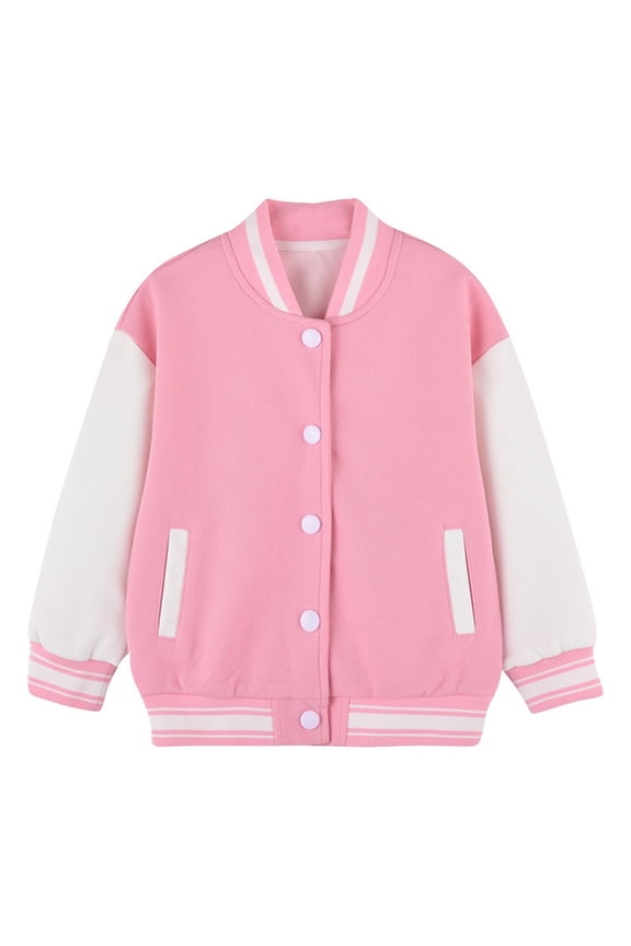 Kids Varsity Jacket Boys Girls Baseball Jacket Sports Outerwear Zipper Coat for School Uniform for 4-6Y Pink