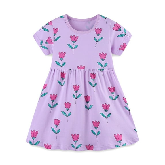 GYRATEDREAM Little Girls Short Sleeve Cotton Casual Dress Cotton Cartoon Appliques Crew Neck Basic Tunic Shirt Dresses Princess Sundress for 3Y Purple
