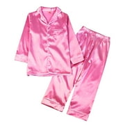 GYRATEDREAM Little Kid Big Girl Boy Satin Silk 2PCS Long Sleeve Button-Down 2PCS Pajamas Set,3-14Y