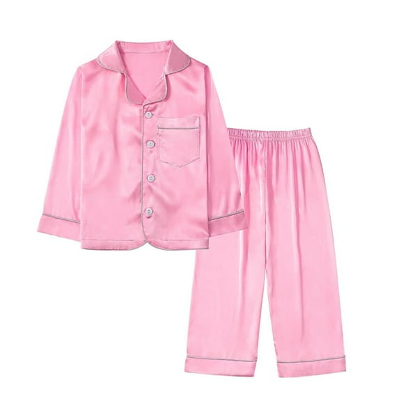 GYRATEDREAM Little Kid Big Girl Boy Satin Silk 2PCS Long Sleeve Button-Down 2PCS Pajamas Set,3-14Y