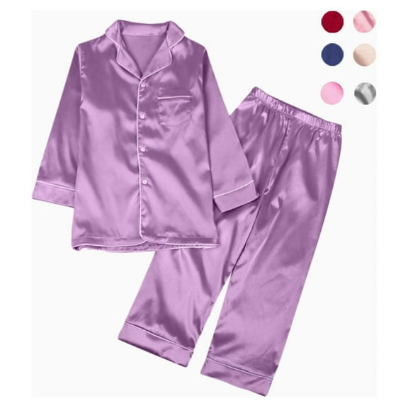 GYRATEDREAM Little Kid Big Girl Boy Satin Silk 2PCS Long Sleeve Button-Down 2PCS Pajamas Set,3-14Y