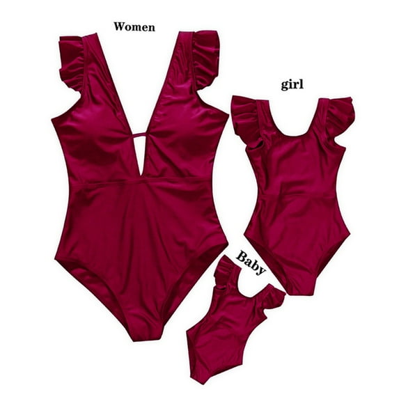 GYRATEDREAM Mommy and Me Swimsuit One Piece Solid Color V Neck Bathing Suits Family Matching Swimwear Monokini