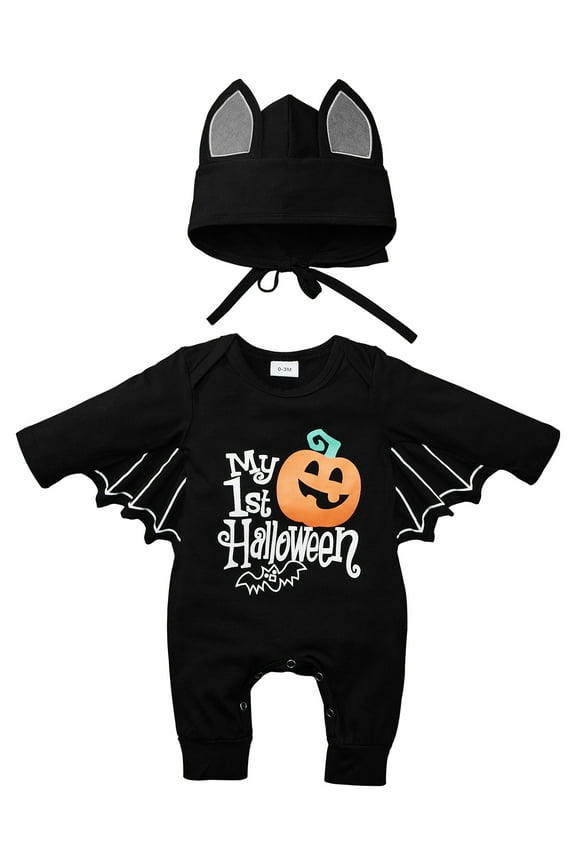My First Halloween Outfits Bat Costume Newborn Infant Baby Boy Girl Clothes Jumpsuit Bodysuit Romper with Hat 0-18 Months