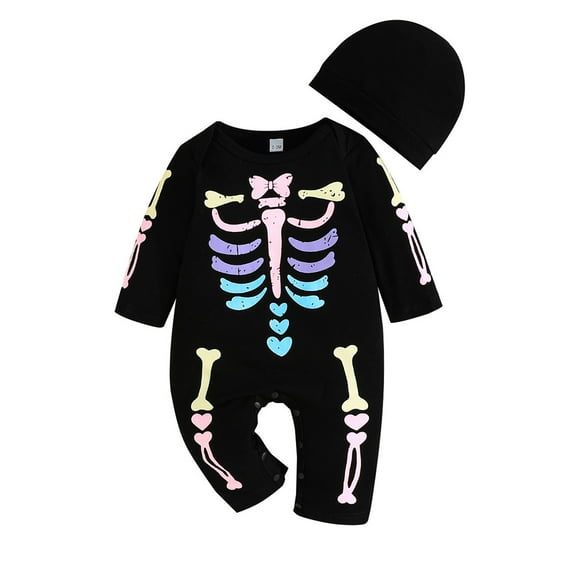 GYRATEDREAM Newborn Baby Boy Girl Halloween Costume Romper Skeleton Jumpsuit Outfit Skull Clothes with Hat 0-18Months