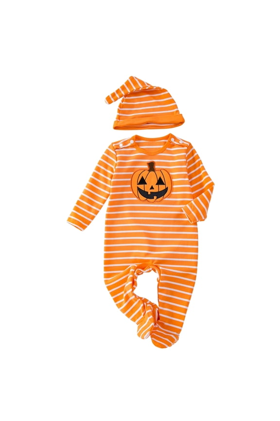 Newborn Baby Boy Girl My First Halloween Outfit Pumpkin Romper Footed Jumpsuit Bodysuit with Hat for Newborn to Infant