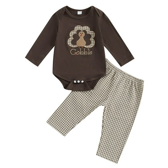 GYRATEDREAM Newborn Baby Boy Girl Thanksgiving Day Outfit Infant Long Sleeve Turkey Print Romper Bodysuit Top Pant Set 2Pcs Toddler Fall Winter Clothes Brown for 0-18M
