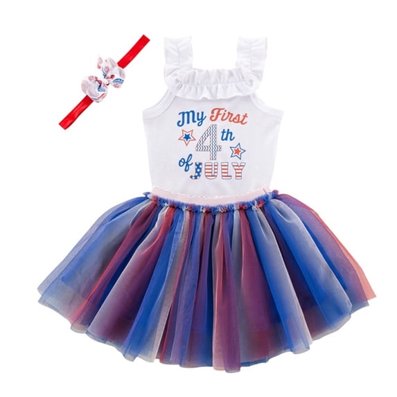 GYRATEDREAM Newborn Baby Girl 4th of July Dress Letter Print Ruffle Lace Mesh Romper Jumpsuit Independence Day Outfit Set for 3-6M White