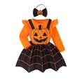 thumbnail image 1 of GYRATEDREAM Newborn Baby Girl Clothes Set Long Sleeve Ruffle Romper Pumpkin Suspender Skirt Headband Set Infant Girls Halloween Outfits Set, 1 of 9