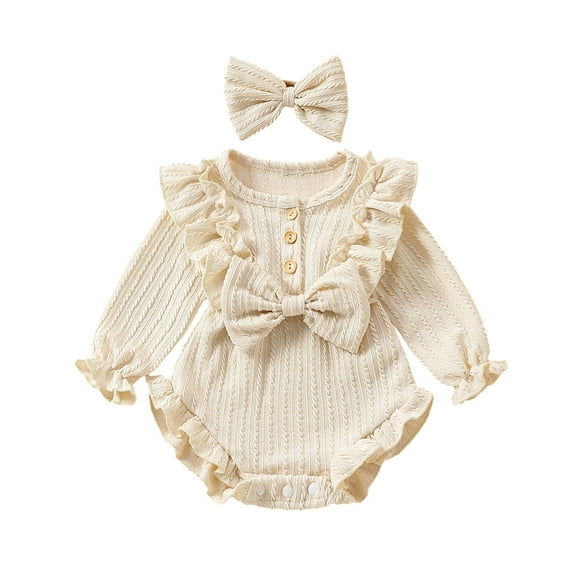 GYRATEDREAM Newborn Baby Girl Cute Outfits Infant Ruffle Long Sleeve Solid Color Bow Ribbed Romper Bodysuit Headband 2Pcs Set Apricot for 0-12M