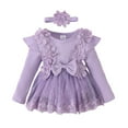 thumbnail image 1 of GYRATEDREAM Newborn Baby Girl Fall Winter Outfit Infant Toddler Lace Mesh Ribbed Romper Dress Ruffle Long Sleeve Floral Clothes with Bow Headband Purple for 1-18M, 1 of 8