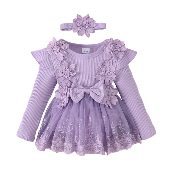 GYRATEDREAM Newborn Baby Girl Fall Winter Outfit Infant Toddler Lace Mesh Ribbed Romper Dress Ruffle Long Sleeve Floral Clothes with Bow Headband Purple for 1-18M