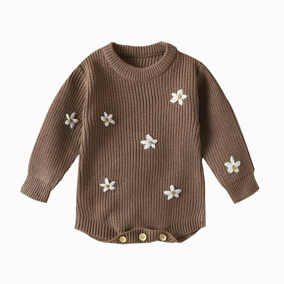 GYRATEDREAM Newborn Baby Girl Knit Sweater Romper Infant Oversized Long Sleeve Crewneck Embroidery Bodysuit Toddler Warm Fall Winter Outfit Brown for 0-18M