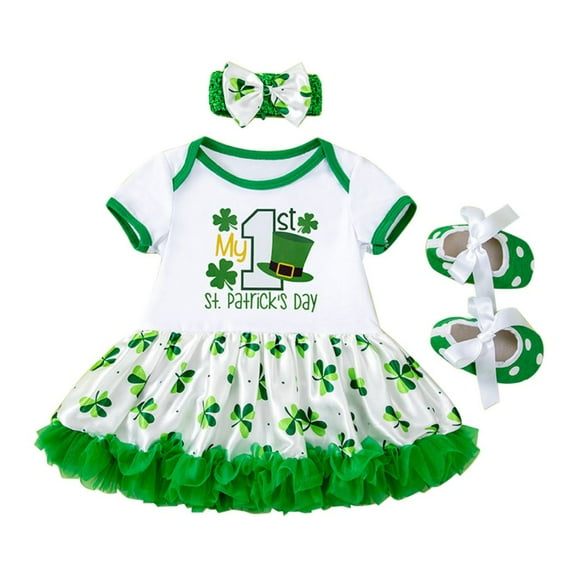 GYRATEDREAM Newborn Baby Girl My 1st St. Patrick's Day Outfit Infant Short Sleeve Letter Print Tutu Romper Dress Headband Shoe 3Pcs Set for 0-24M