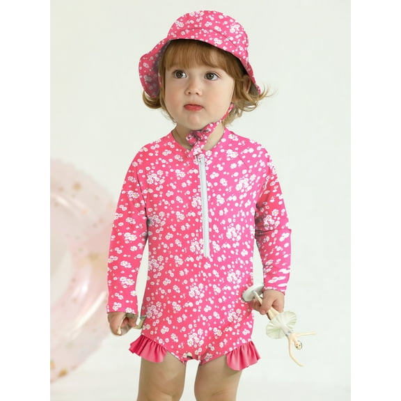 GYRATEDREAM Newborn Baby Girl One-Piece Swimsuit Floral Print Zipper Bathing Suit Ruffled Long Sleeve Rash Guard Swimwear with Hat