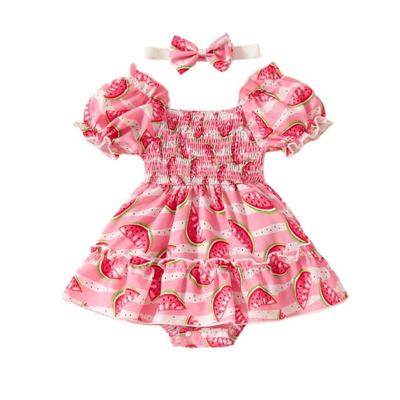 GYRATEDREAM Newborn Baby Girl Party Dress Infant Short Puff Sleeve Watermelon Print Romper Bodysuit Dress with Headband Toddler Cute Spring Summer Birthday Clothes Pink for 0-18M