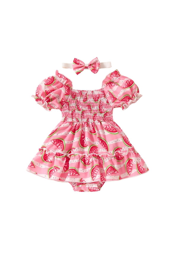 Newborn Baby Girl Party Dress Infant Short Puff Sleeve Watermelon Print Romper Bodysuit Dress with Headband Toddler Cute Spring Summer Birthday Clothes Pink for 0-18M