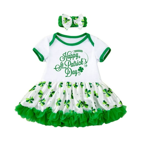 GYRATEDREAM Newborn Baby Girl St. Patrick's Day Outfit Infant Short Sleeve Letter Print Tutu Romper Dress Headband 2Pcs Set for 0-24M