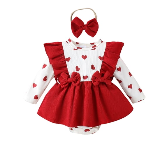 GYRATEDREAM Newborn Baby Girl Valentine's Day Outfit Infant Ruffle Long Sleeve Love Print Bodysuit Romper Dress with Headband Set Toddler Spring Fall Clothes Red for 0-18M