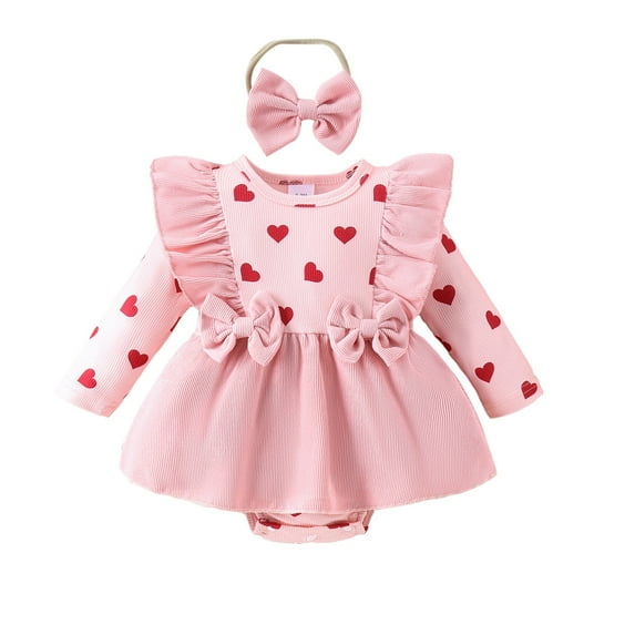 GYRATEDREAM Newborn Baby Girl Valentine's Day Outfit Infant Ruffle Long Sleeve Love Print Bodysuit Romper Dress with Headband Set Toddler Spring Fall Clothes for 0-18M Pink