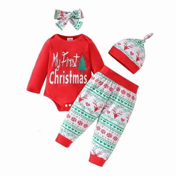 GYRATEDREAM Newborn Baby Girls Christmas Clothes Ribbed Ruffled Romper+Sweatpants+Headband Infant Outfit Set for 0-18M Red-E