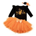 thumbnail image 1 of GYRATEDREAM Newborn Baby Girls Halloween Outfit Infant Ruffle Long Sleeve Pumpkin Letter Print Romper Tops + Bowknot Layed Tulle Tutu Skirt + Headband 3Pcs Set Toddler Fall Clothes for 1-18 Months, 1 of 8