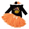 thumbnail image 1 of GYRATEDREAM Newborn Baby Girls Halloween Outfit Infant Ruffle Long Sleeve Pumpkin Letter Print Romper Tops + Bowknot Layed Tulle Tutu Skirt + Headband 3Pcs Set Toddler Fall Clothes for 1-18 Months, 1 of 6