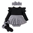 thumbnail image 1 of GYRATEDREAM Newborn Baby Girls Houndstooth Print Clothes Infant Long Sleeve Ribbed Ruffle Romper Dress Socks Headband 3Pcs Set Toddler Cotton Fall Winter Outfits Black for 1-18M, 1 of 8