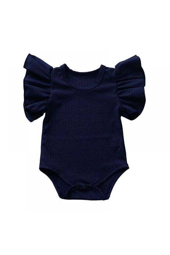 Newborn Baby Girls Ruffles Romper Short Sleeve Jumpsuit Ribbed Summer Clothes Outfits, Navy Blue 12-18 Months