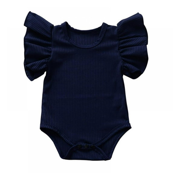 GYRATEDREAM Newborn Baby Girls Ruffles Romper Short Sleeve Jumpsuit Ribbed Summer Clothes Outfits, Navy Blue 6-12 Months