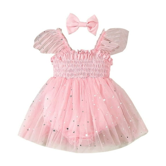 GYRATEDREAM Newborn Baby Girls Sequins Romper Dress with Headband Infant Summer Fly Sleeve Square Neck Princess Party Dress Toddler Tulle Mesh Romper Dress Pink for 0-18 Months