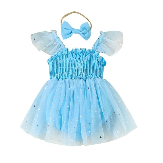 GYRATEDREAM Newborn Baby Girls Sequins Romper Dress with Headband Infant Summer Fly Sleeve Square Neck Princess Party Dress Toddler Tulle Mesh Romper Dress Blue for 0-18M