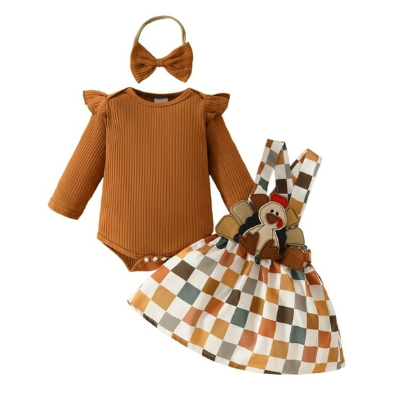 GYRATEDREAM Newborn Baby Girls Thanksgiving Outfit Infant Long Sleeve Romper + Plaid Print Strap Dress + Headband Skirt 3Pcs Set Toddler Fall Clothes for 0-18 Months