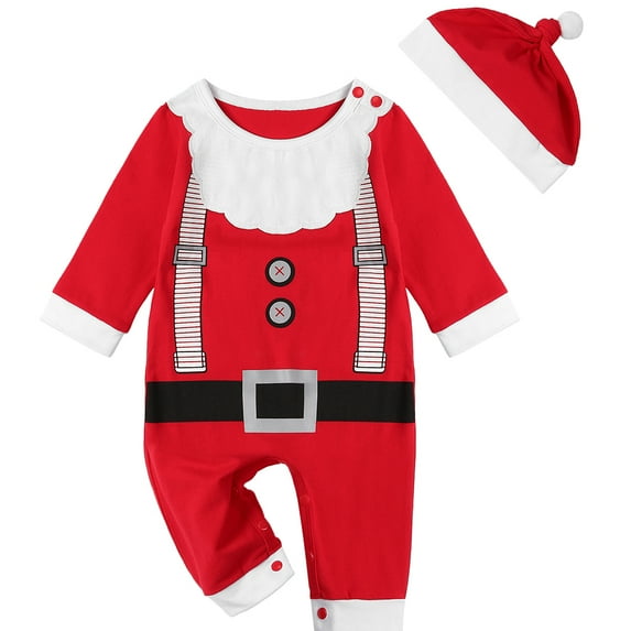 GYRATEDREAM Newborn Baby Santa Claus Outfits Toddler Boys Girls Christmas Cosplay Romper Bodysuit + Xmas Cap Hat 0-18 Months