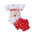 thumbnail image 1 of GYRATEDREAM Newborn Infant Baby Girl Summer Outfits Set Ruffle Sleeve Letter Print Romper Tops and Shorts with Headband 3PCS Clothes Set for 0-3M Red, 1 of 9
