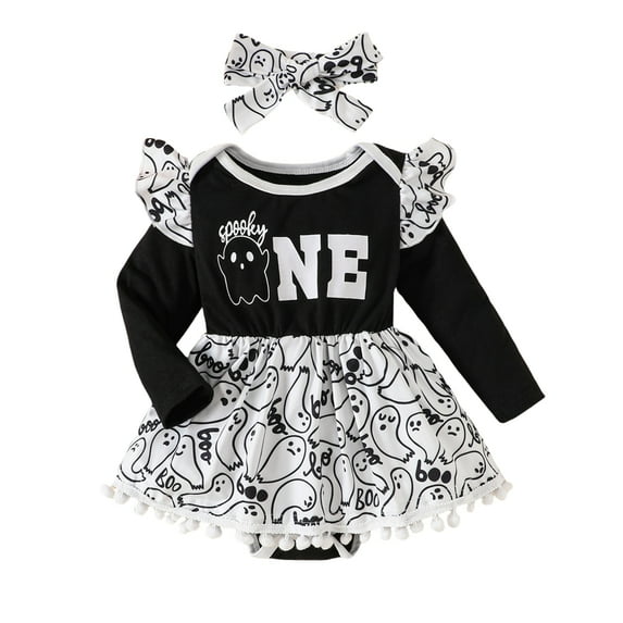 Halloween Romper Baby Girl Outfits Long Sleeve Ghost Print Romper Dress Headband Sets Newborn Baby Girls Fall Clothes