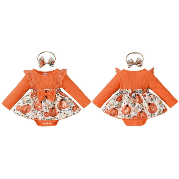 GYRATEDREAM Newborn Infant Girls Halloween 2 Piece Outfits Toddler Baby Romper Dress Ruffles Long Sleeve Bowknot Pumpkin Print Skirt Hem Jumpsuits and Headband Set for 0-18 Months
