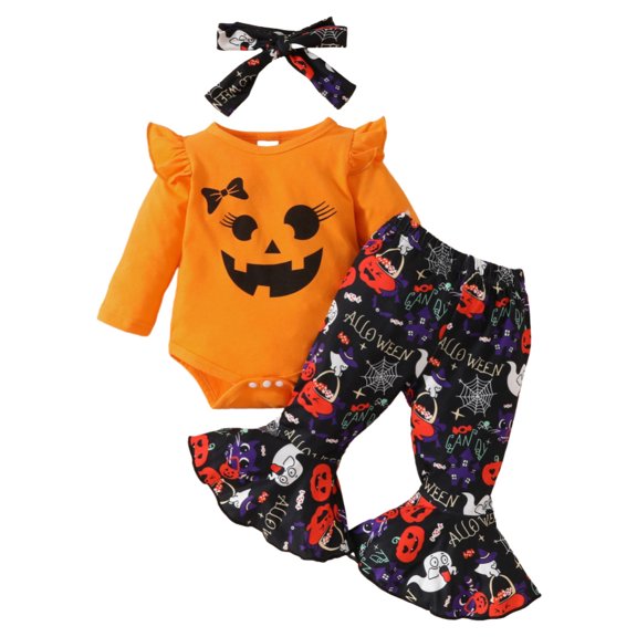 GYRATEDREAM Toddler Baby Girl Halloween Clothes Set Long Sleeve Letter Sweatshirt Tops Pumpkin Bell Bottom Pants Set Fall Outfits for 6-9M Orange