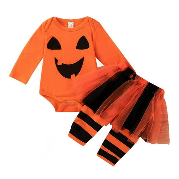 GYRATEDREAM Newborn Infant Girls Halloween Outfit Toddler Baby Fall Clothes Pumpkin Print Ruffle Romper Top + Leggings Pants with Tulle Tutu Skirt 2Pcs Set for 0-24 Months