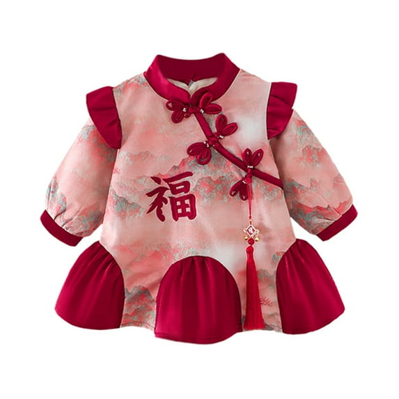 GYRATEDREAM Newborn Infant Girls Qipao Dress Toddler Baby Plate Buckle Velvet Lining Retro Long Sleeve Traditional Cheongsam Dress Chinese New Year for 0-5 Years