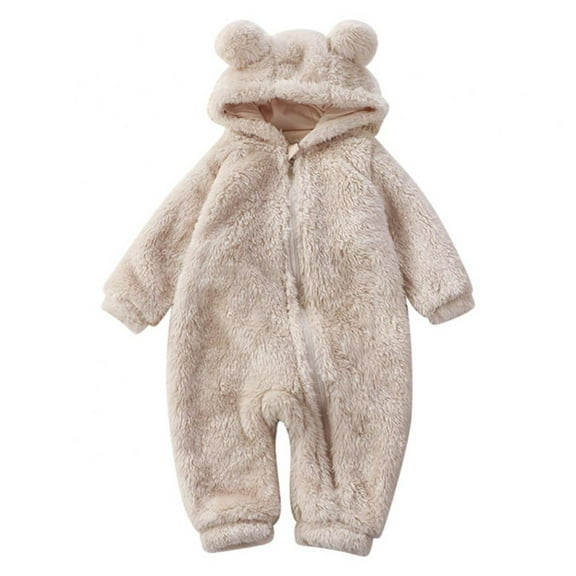GYRATEDREAM Newborn Jumpsuits Baby Bear Ear Snowsuits Infant Fleece Zipper Hooded Romper Warm Outwear, Beige 12-18 Months