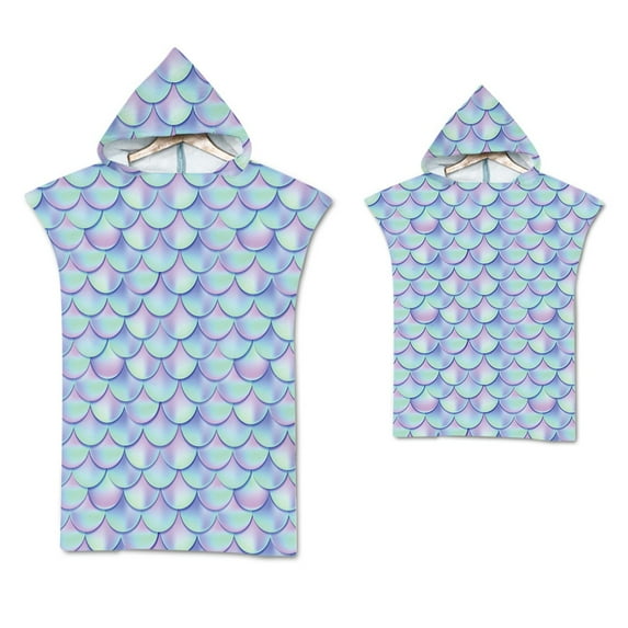 GYRATEDREAM Parent-Child Hooded Poncho Towels, Mermaid Fish Scale Soft & Absorbent Microfiber Beach Towel, Swimming Pool Changing Robe Bathrobe Bath Towel for 6-12Y+