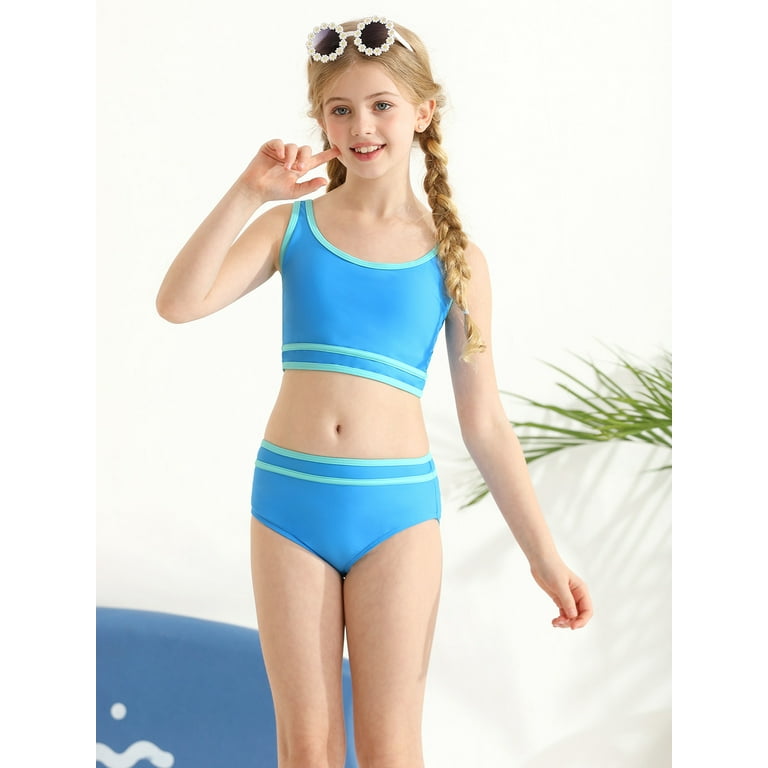 GYRATEDREAM Teen Girls Swimsuits 2 Piece Sport High Waist Bikini Set Color Block High Cut Bathing Suit Swimwear 9 10 Years
