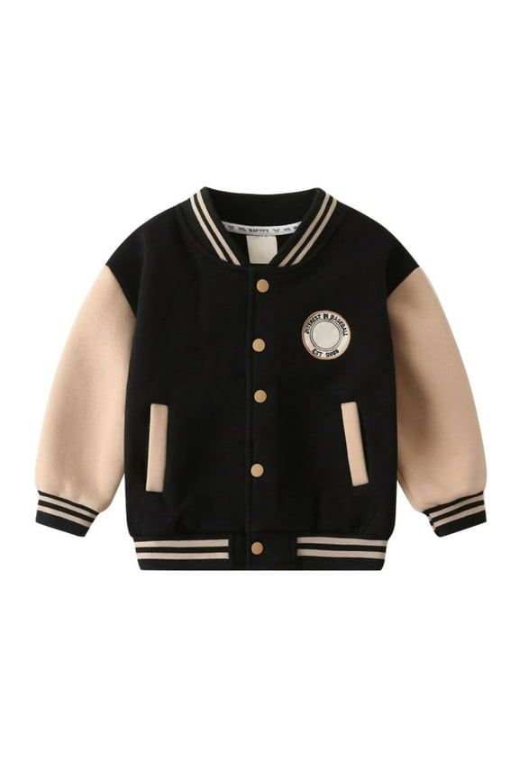 Toddler Baby Boy Baseball Jacket Long Sleeve V Nck Button down Coat with Pockets Kids Casual Fall Winter Outwear Clothes School Uniform Black for 2-10 Years